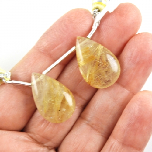 Golden Rutilated Quartz Drops Almond Shape 23x14mm Drilled Beads Matching Pair