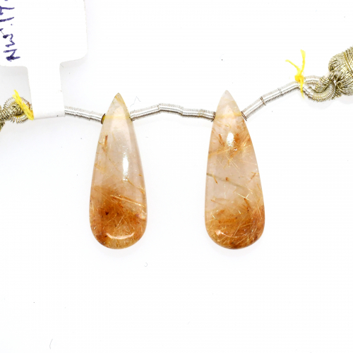 Golden Rutilated Quartz Drops Almond Shape 25x9mm Drilled Beads Matching Pair