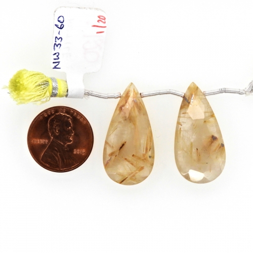 Golden Rutilated Quartz Drops Almond Shape 29x14mm Drilled Beads Matching Pair