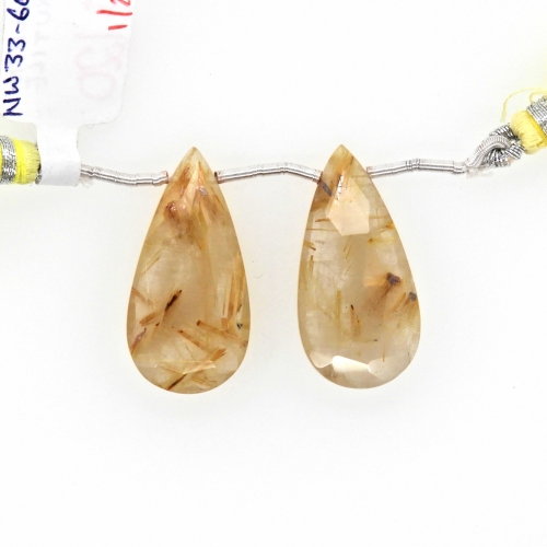 Golden Rutilated Quartz Drops Almond Shape 29x14mm Drilled Beads Matching Pair