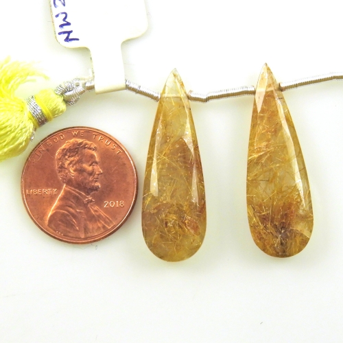Golden Rutilated Quartz Drops Almond Shape 31x10mm Drilled Beads Matching Pair