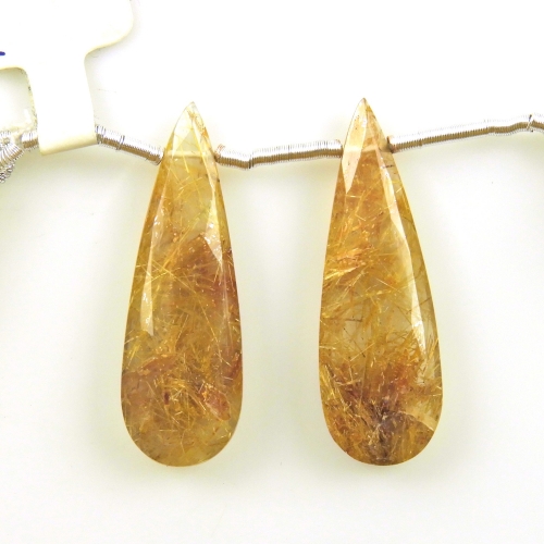 Golden Rutilated Quartz Drops Almond Shape 31x10mm Drilled Beads Matching Pair
