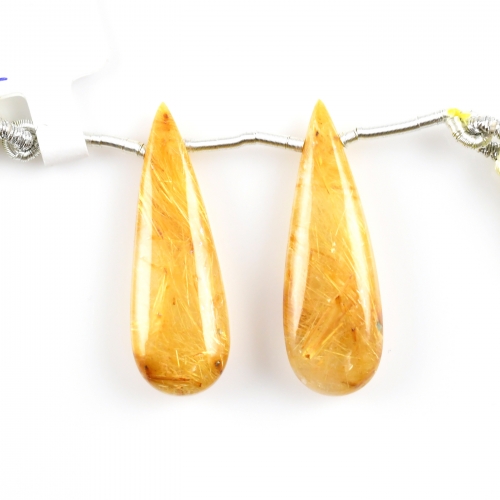 Golden Rutilated Quartz Drops Almond Shape 32x10mm Drilled Beads Matching Pair