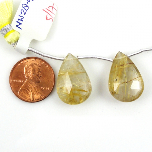 Golden Rutilated Quartz Drops Almond Shape Shape 21x14mm Drilled Beads Matching Pair