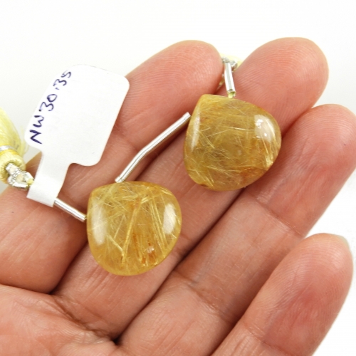 Golden Rutilated Quartz Drops Heart Shape 18x18mm Drilled Beads Matching Pair