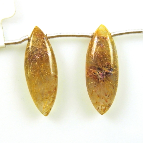 Golden Rutilated Quartz Drops Marquise Shape 28x10mm Drilled Beads Matching Pair