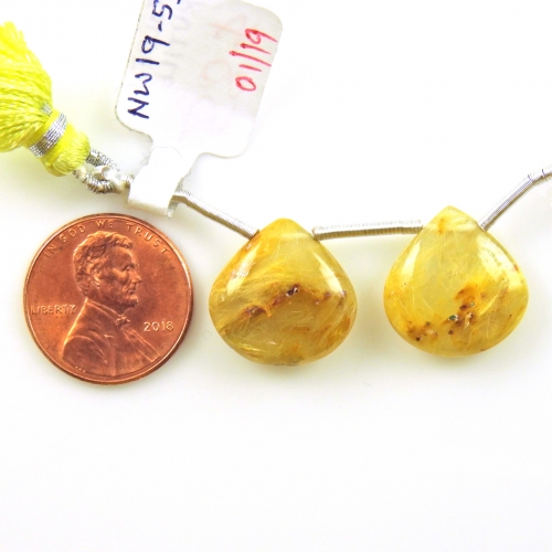 Golden Rutilated Quartz Drops Pear Shape 16x16mm Drilled Beads Matching Pair