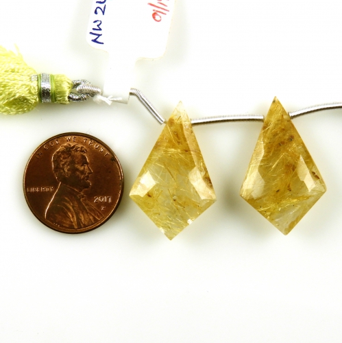 Golden Rutilated Quartz Drops Shield Shape 25x16mm Drilled Beads Matching Pair