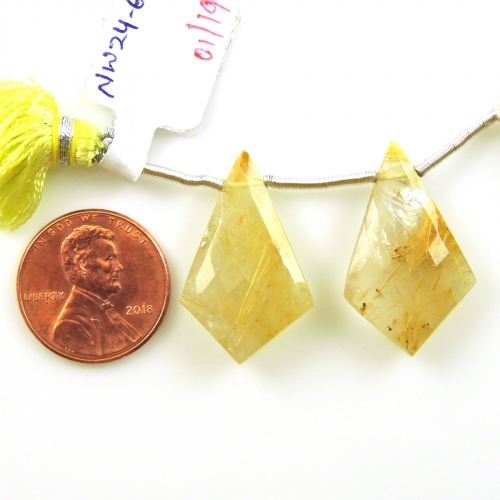 Golden Rutilated Quartz Drops Shield Shape 26x16mm Drilled Beads Matching Pair