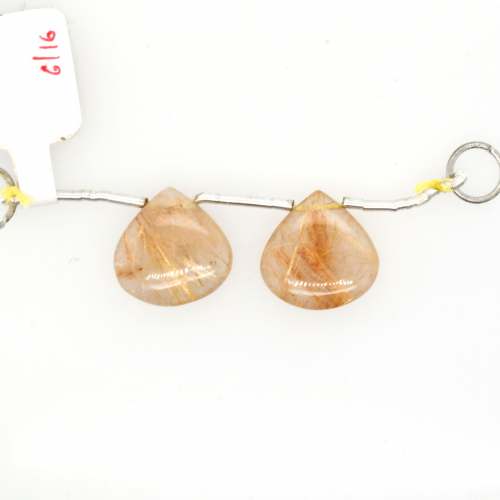 Golden Rutile Drops Heart Shape 16x16mm Drilled Bead Matching Pair