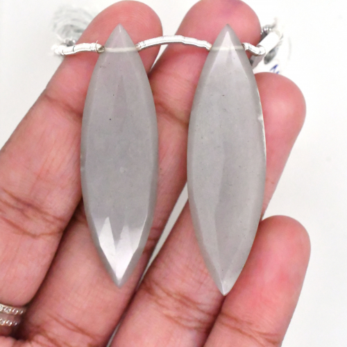 Gray Moonstone Drops Leaf Shape 47x13mm Drilled Beads Matching Pair