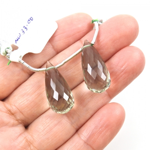 Green Amethyst Drops Briolette Shape 23x11mm Drilled Beads Matching Pair