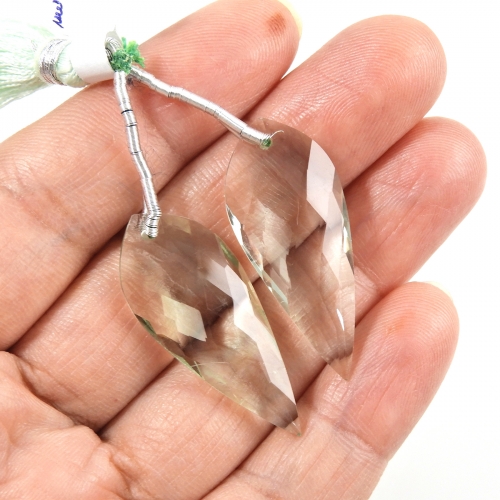 Green Amethyst Drops Leaf Shape 33x14mm Front To Back Drilled Beads Matching Pair