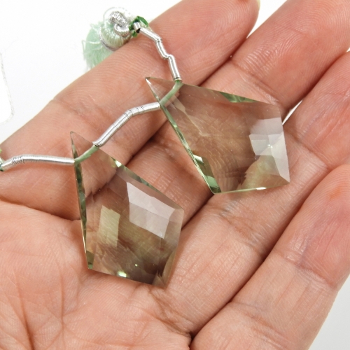 Green Amethyst Drops Shield Shape 32x19mm Drilled Beads Matching Pair