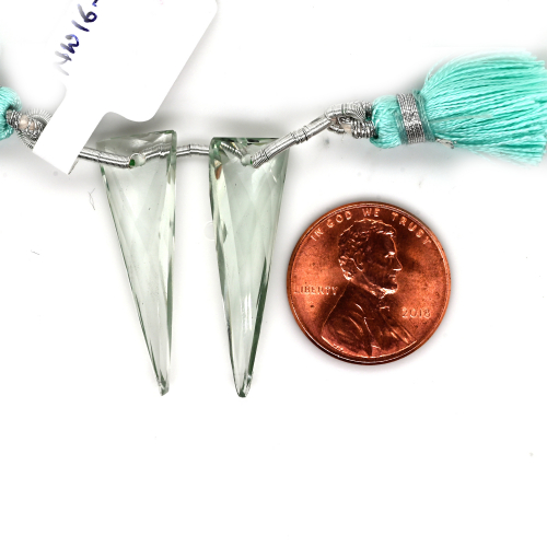 Green Amethyst Drops Trillion Shape 33x12mm Front To Back Drilled Bead Matching Pair