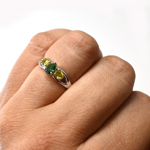 Green Diamond Pear Shape 0.31 Carat and Yellow Diamond Oval 0.40 Carat Ring in 14K White Gold
