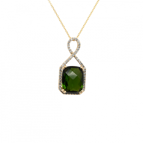 Green Tourmaline Emerald Cushion 4.02 Carat Pendant In 14k Yellow Gold With Accent Diamond ( Chain Not Included )