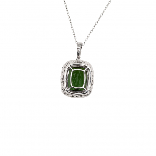 Green Tourmaline Emerald Cushion 4.49 Carat Pendant With Accent Diamond In 14k White Gold ( Chain Included )