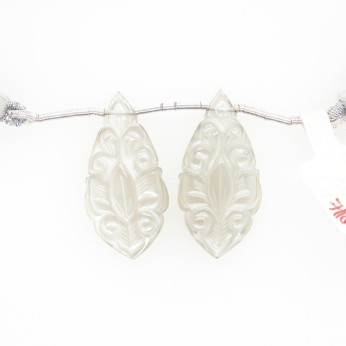 Grey Moonstone Drops Leaf Shape 32x15mm Drilled Beads Matching Pair
