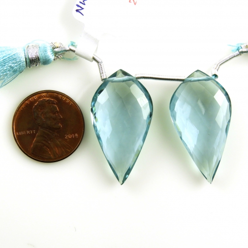 Hydro Aquamarine Drops Leaf Shape 30X16mm Drilled Beads Matching Pair