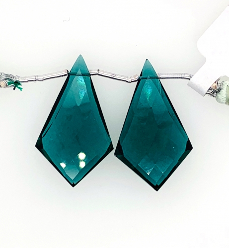 Hydro Indicolite Quartz Drops Shield Shape 30x17mm Drilled Beads Matching Pair