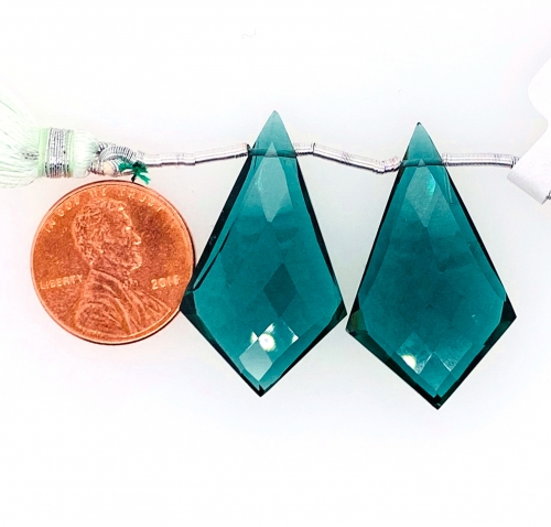 Hydro Indicolite Quartz Drops Shield Shape 30x17mm Drilled Beads Matching Pair