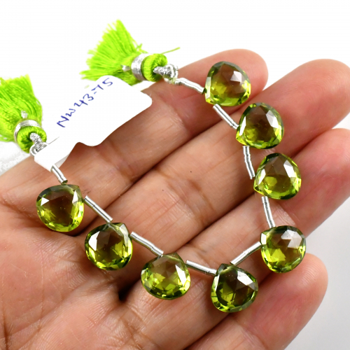 Hydro Peridot Drops Heart Shape 10x10mm Drilled Beads 8 Pieces Line