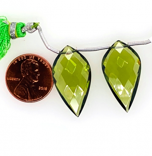 Hydro Peridot Drops Quartz Leaf Shape 28x15mm Drilled Beads Matching Pair