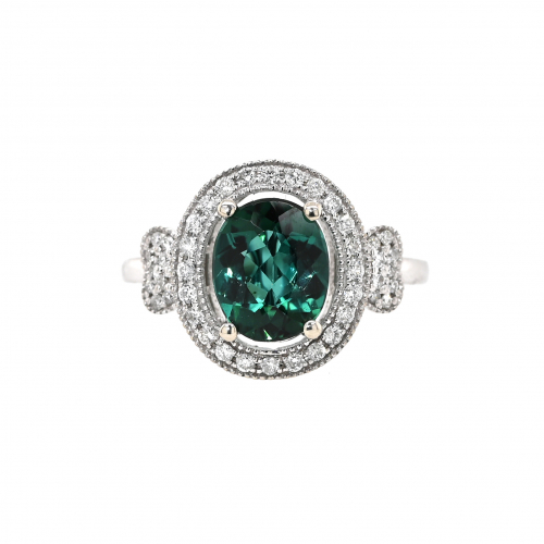 Indicolite Tourmaline Oval 1.64 Carat Ring With Accent Diamonds In 14k White Gold