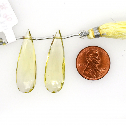 Lemon Quartz Drops Almond Shape 35x11mm Drilled Beads Matching Pair