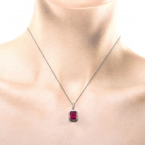Madagascar Ruby Emerald Cut 2.46 Carat Pendant In 14k White Gold With Accent Diamonds
