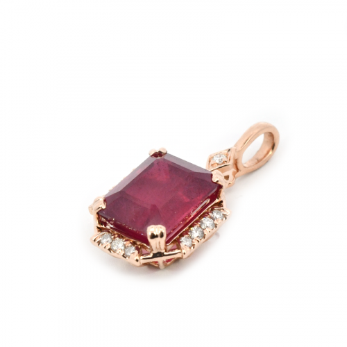Madagascar Ruby Emerald Cut 7.52 Carat Pendant In 14K Rose Gold Accented With Diamonds