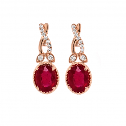 Madagascar Ruby Oval 3.10 Carat With Diamond Accent Earring In 14k Rose Gold
