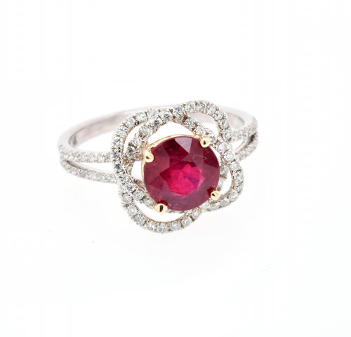Madagascar Ruby Round 1.75 Carat With Accent Diamonds Double Halo Ring In 14k Dual Tone ( White / Yellow ) Gold