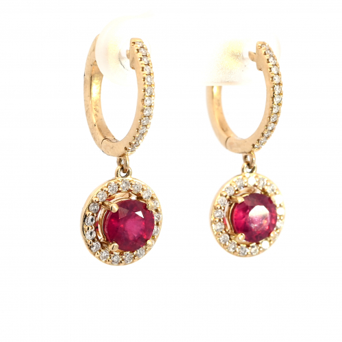 Madagascar Ruby Round 2.51 Carat Huggie Earrings  In 14K Yellow Gold With Accent Diamonds