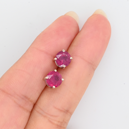 Madagascar Ruby Round 3.39 Carat Stud Earrings In White Gold