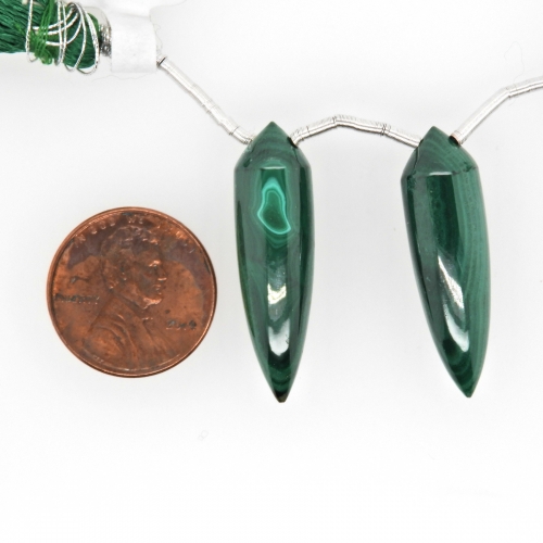 Malachite Drops Briolete Shape 31x9mm Drilled Beads Matching Pair