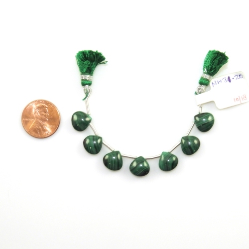 Malachite Drops Heart Shape 10x10mm Drilled Beads 7 Pieces