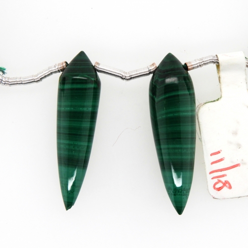 Malachite Drops Okra Shape 30x8mm Drilled Beads Matching Pair