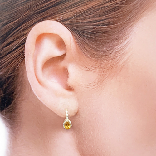 Mandarin Garnet Oval 1.15 Carat Dangle Earrings with Accent Diamonds in 14k Yellow Gold