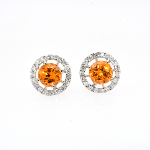 Mandarin Garnet Round 1.53 Carat With Accent Diamonds Stud Earring In 14k White Gold