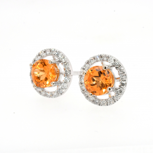 Mandarin Garnet Round 1.53 Carat With Accent Diamonds Stud Earring In 14K White Gold