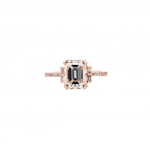 Moissanite Emerald Cut 2.52 Carat Ring With Accent Diamonds In 14k Rose Gold