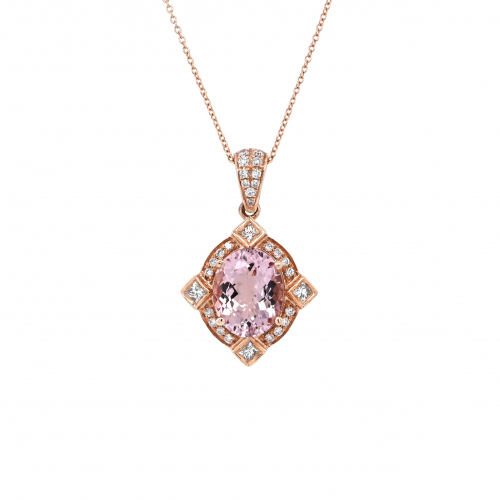 Morganite Oval 2.42 Carat Pendant With Accent Diamonds In 14k Rose Gold ( Chain Not Included )