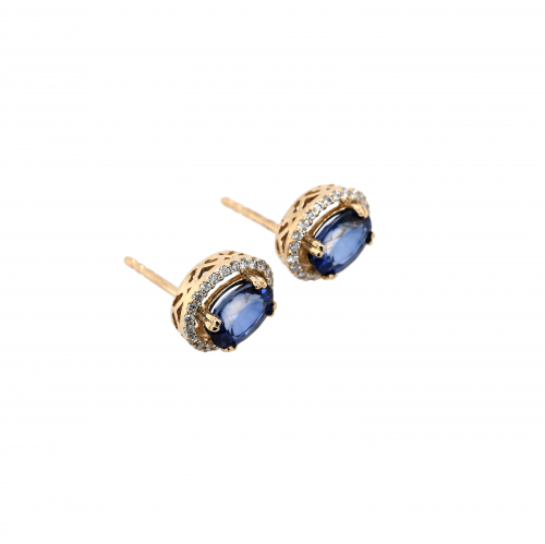 Nigerian Blue Sapphire Oval 2.44 Carat Earrings In 14k Yellow Gold With Accent Diamonds