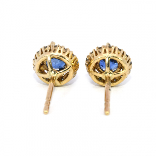 Nigerian Blue Sapphire Round 1.12 Carat Stud Earrings In 14k Yellow Gold Accented With Diamonds