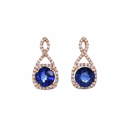 Nigerian Sapphire Round 2.03 Carat With Diamond Accent Earrings in 14K Rose Gold