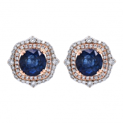 Nigerian Sapphire Round 2.80 Carat Earring With Diamond Accent in 14k Dual (White / Rose) Gold