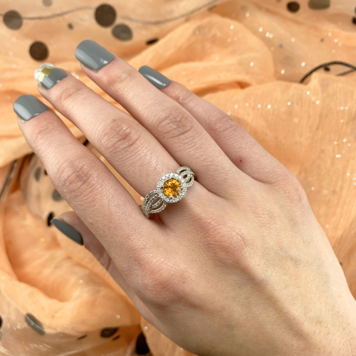Orange Sapphire Round 0.97 Carat With Diamond Accent Ring in 14K White Gold