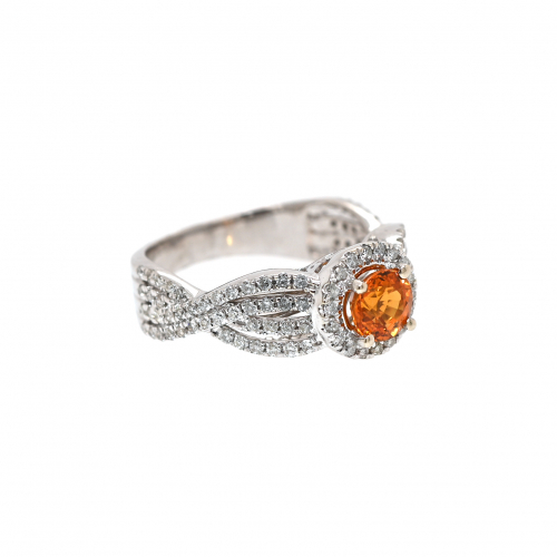 Orange Sapphire Round 0.97 Carat With Diamond Accent Ring In 14k White Gold